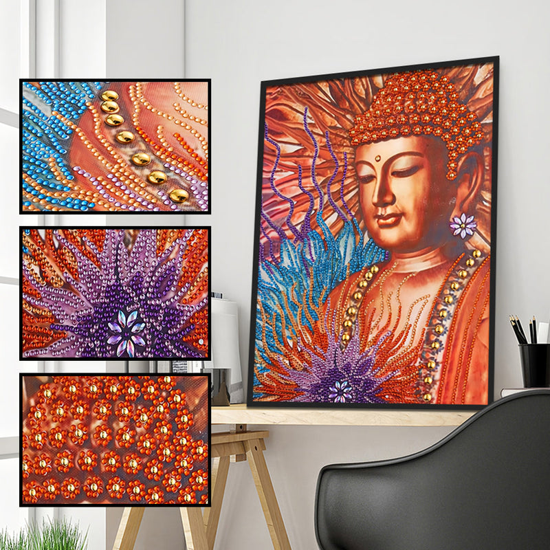 Orangefarbene Buddha Statue und Lotus Sonderform Diamond Painting