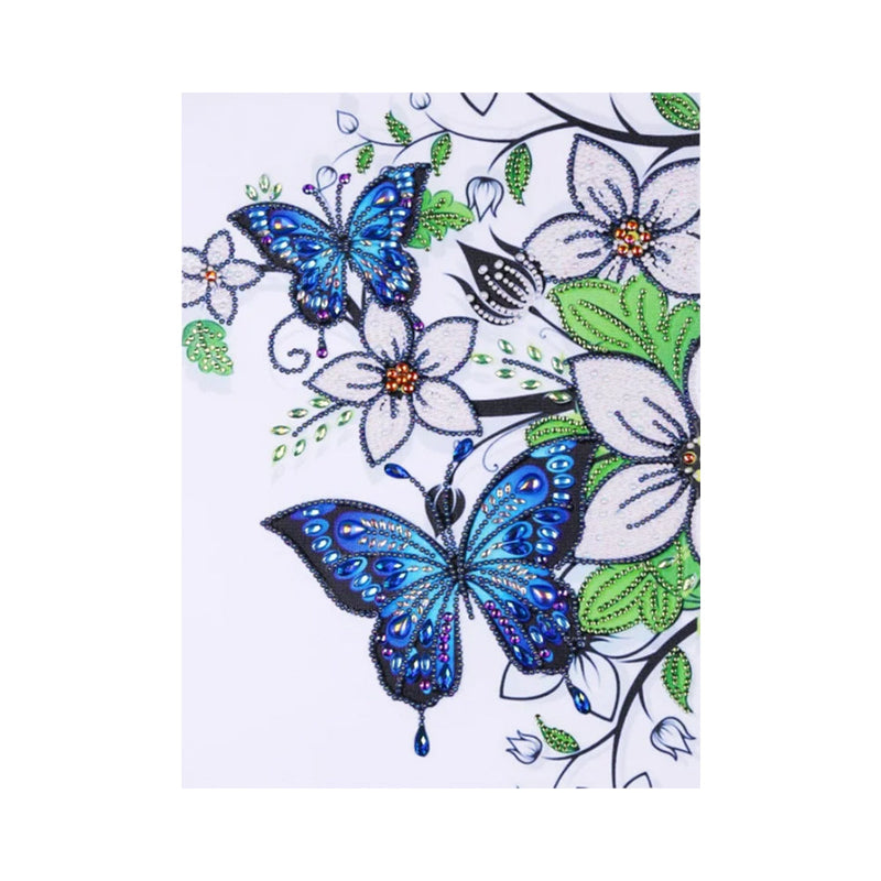 Blauer Schmetterling und Weiße Blumen Sonderform Diamond Painting