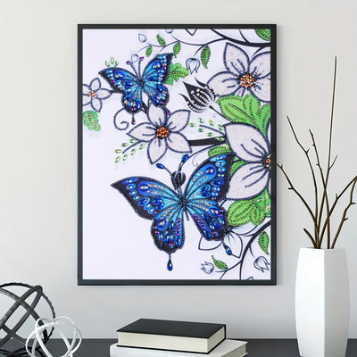 Blauer Schmetterling und Weiße Blumen Sonderform Diamond Painting