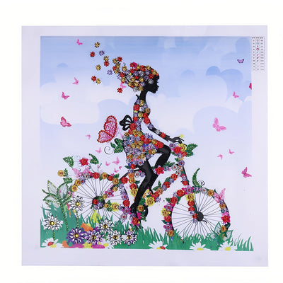 Mädchen auf Blumenfahrrad Sonderform Diamond Painting