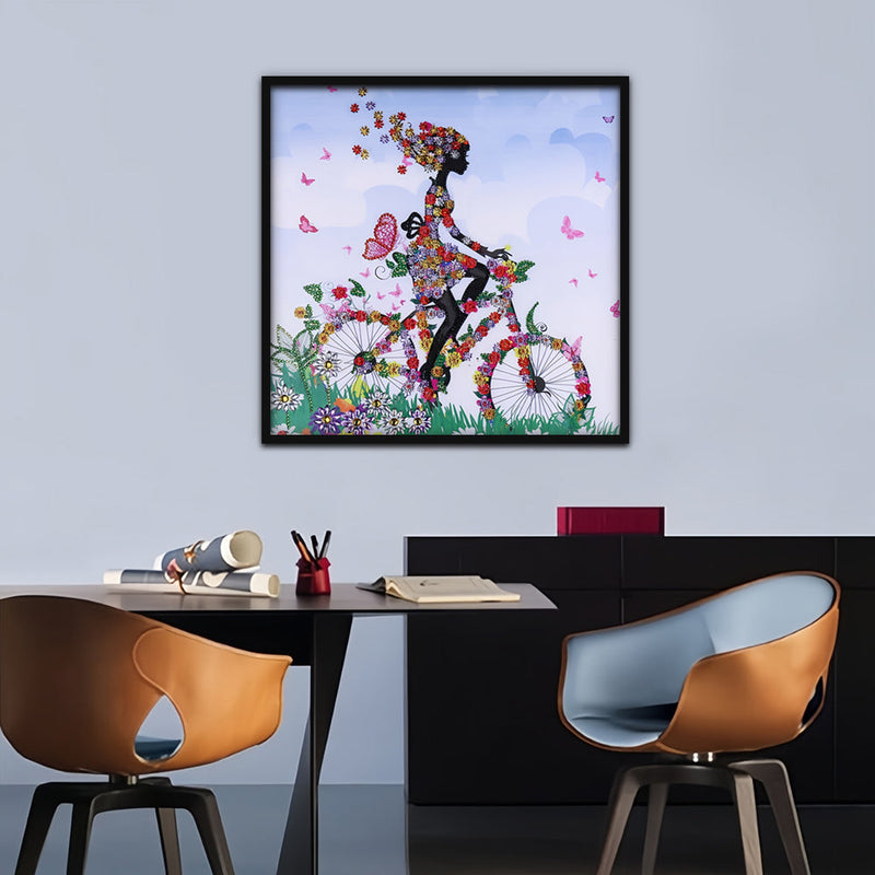 Mädchen auf Blumenfahrrad Sonderform Diamond Painting