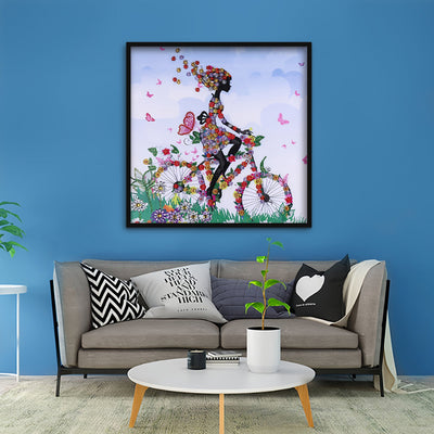 Mädchen auf Blumenfahrrad Sonderform Diamond Painting