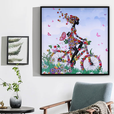 Mädchen auf Blumenfahrrad Sonderform Diamond Painting