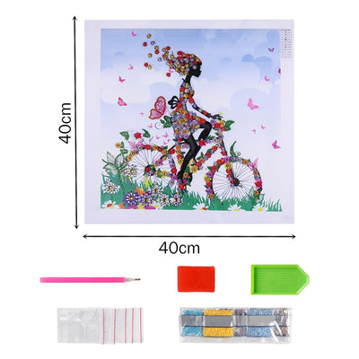 Mädchen auf Blumenfahrrad Sonderform Diamond Painting