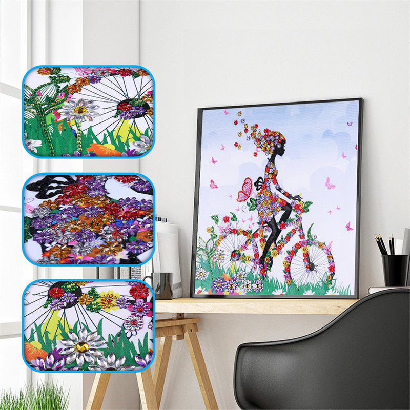 Mädchen auf Blumenfahrrad Sonderform Diamond Painting