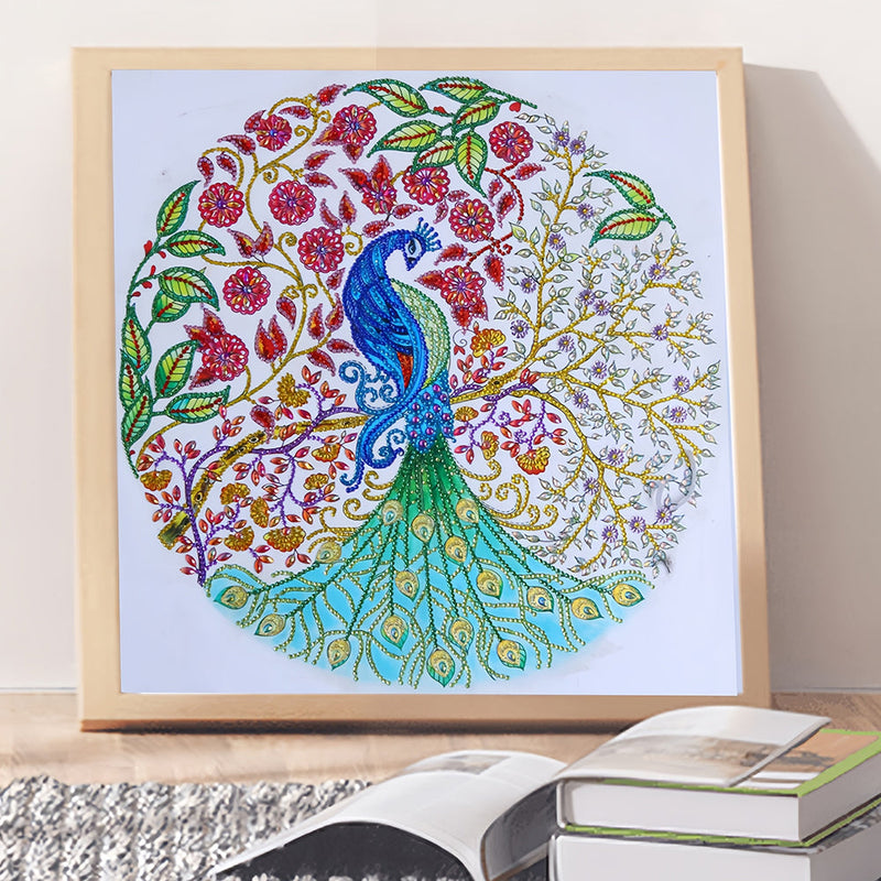 Pfau und Blütenbaum Sonderform Diamond Painting