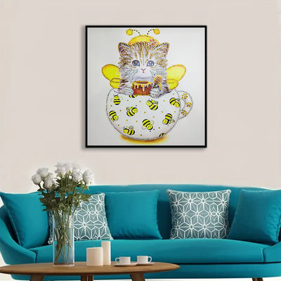 Gelbe Bienentasse Katze Sonderform Diamond Painting