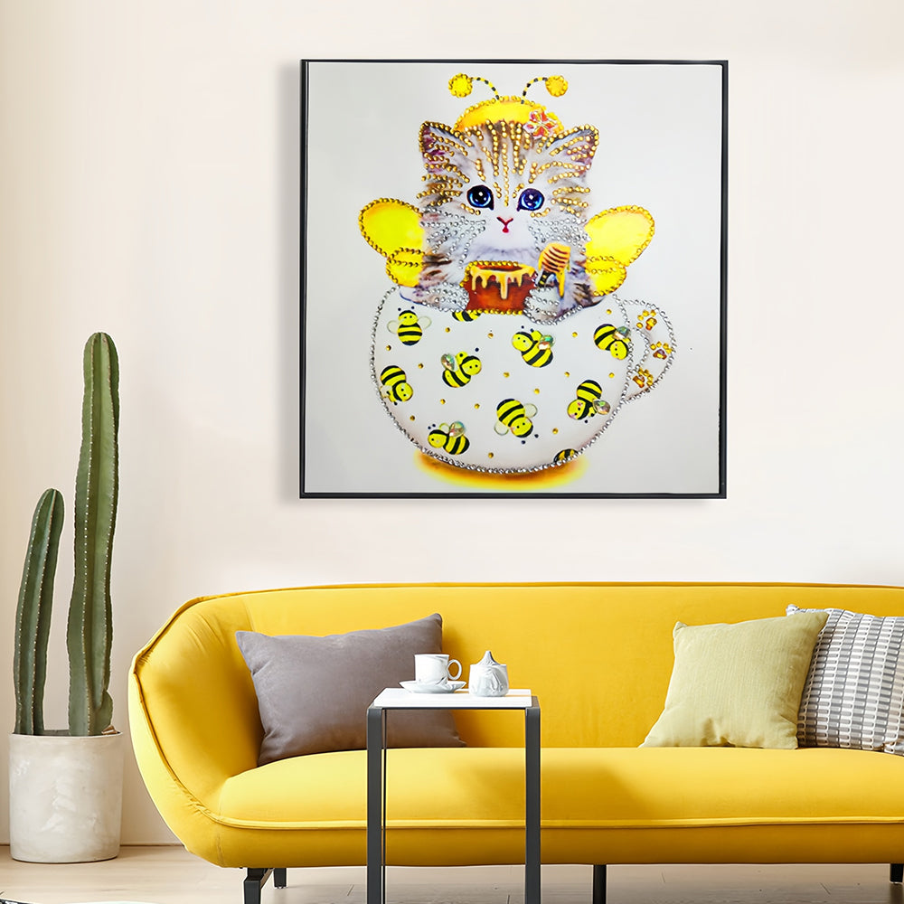 Gelbe Bienentasse Katze Sonderform Diamond Painting