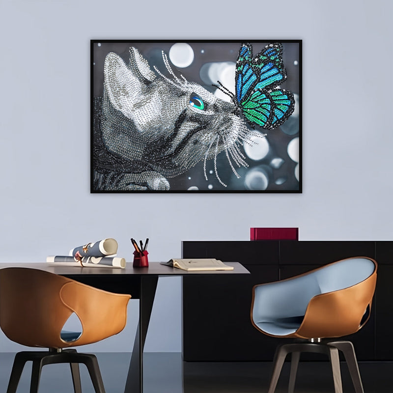 Katze und Blauer Schmetterling Sonderform Diamond Painting