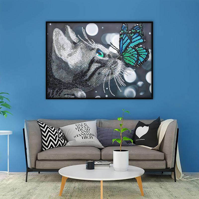 Katze und Blauer Schmetterling Sonderform Diamond Painting