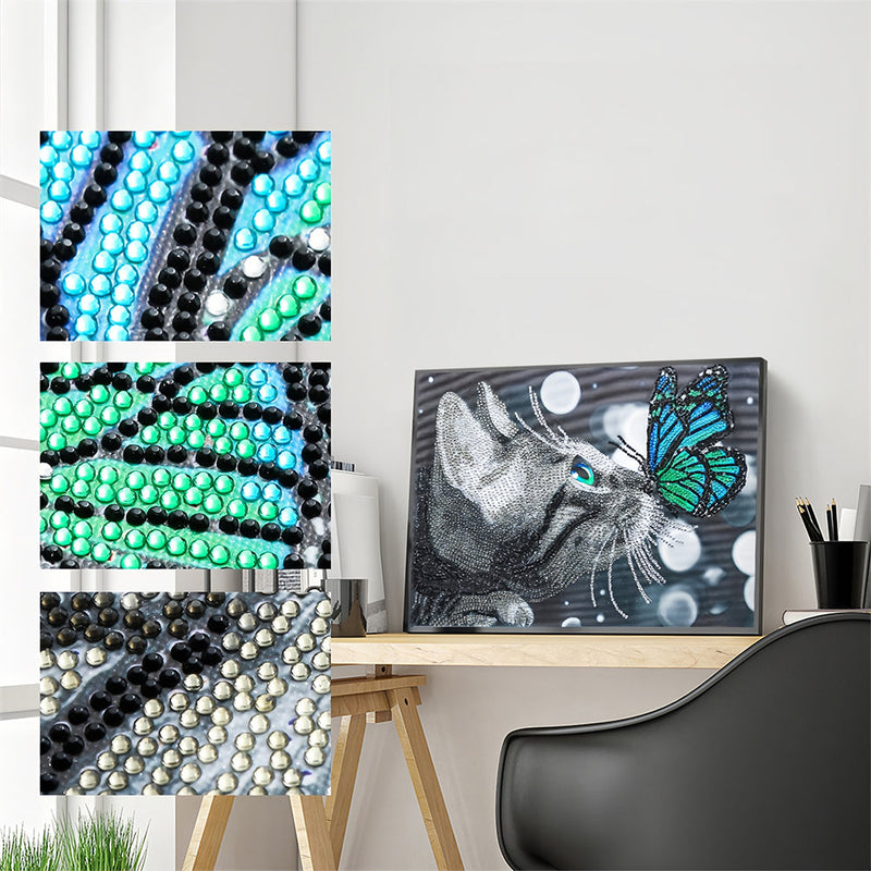 Katze und Blauer Schmetterling Sonderform Diamond Painting