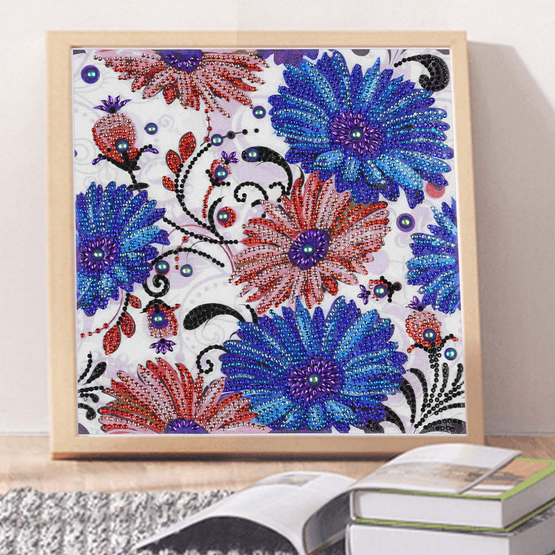 Blaue und Rote Blume Sonderform Diamond Painting