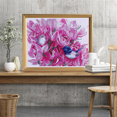 Vögel zwischen rosa Blumen Sonderform Diamond Painting