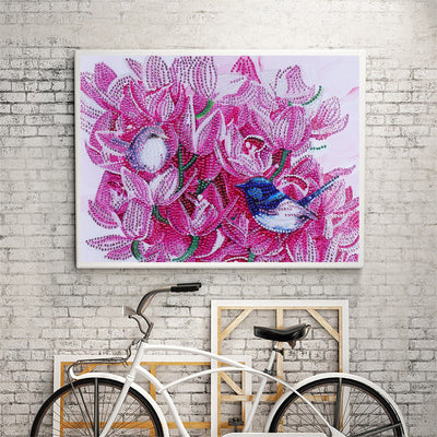 Vögel zwischen rosa Blumen Sonderform Diamond Painting