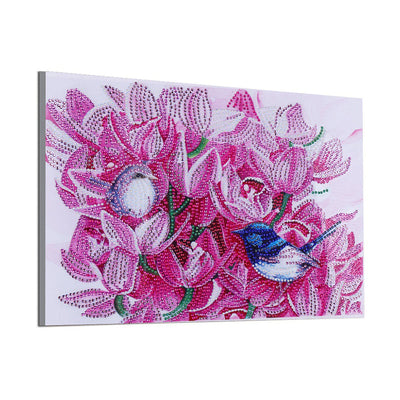 Vögel zwischen rosa Blumen Sonderform Diamond Painting