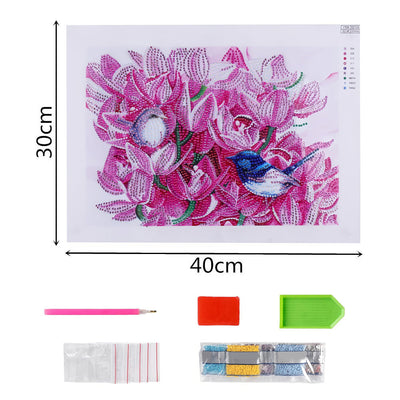 Vögel zwischen rosa Blumen Sonderform Diamond Painting