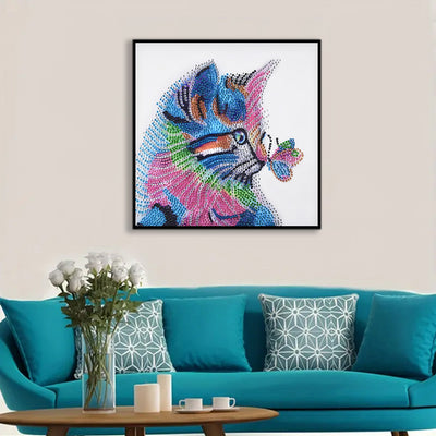 Bunte Katze und Schmetterling Sonderform Diamond Painting