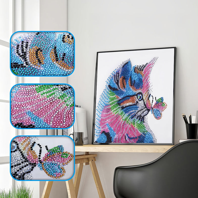 Bunte Katze und Schmetterling Sonderform Diamond Painting