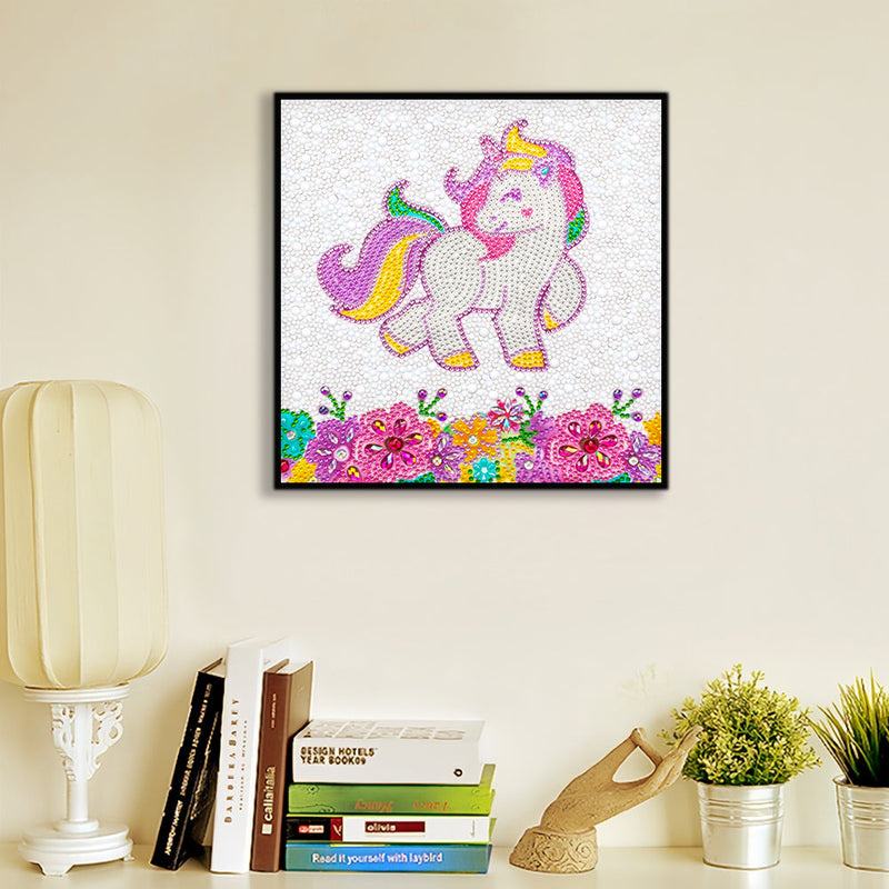 Glückliches Einhorn und Blumen Sonderform Diamond Painting