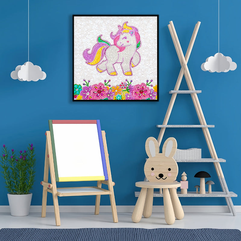 Glückliches Einhorn und Blumen Sonderform Diamond Painting