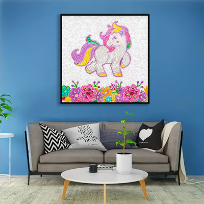 Glückliches Einhorn und Blumen Sonderform Diamond Painting