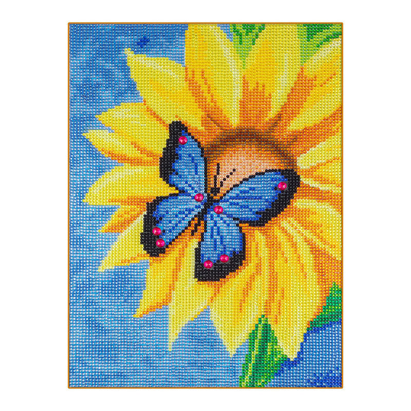 Blauer Schmetterling auf Sonnenblume Sonderform Diamond Painting