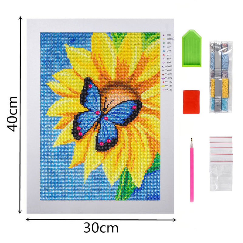 Blauer Schmetterling auf Sonnenblume Sonderform Diamond Painting