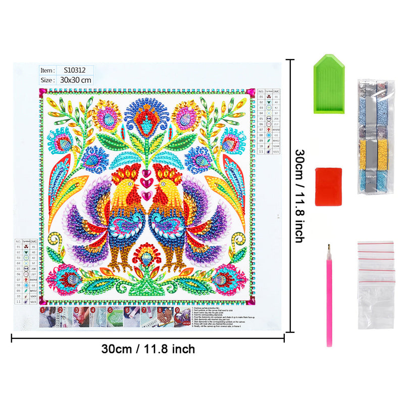 Hahnpaar und Blumen Sonderform Diamond Painting