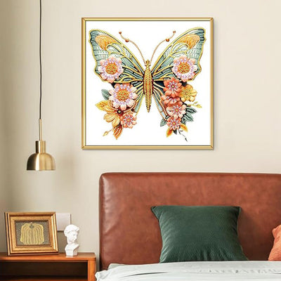 Grüner Goldener Schmetterling und Blumen Sonderform Diamond Painting