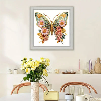 Grüner Goldener Schmetterling und Blumen Sonderform Diamond Painting