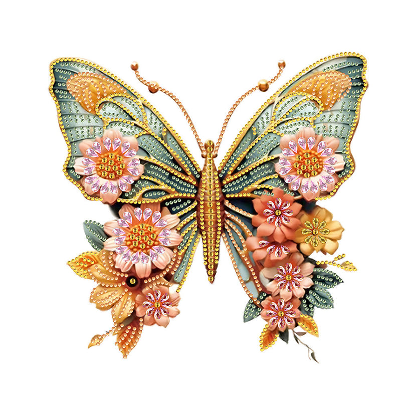 Grüner Goldener Schmetterling und Blumen Sonderform Diamond Painting