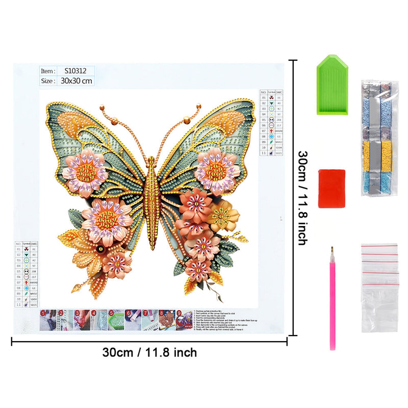 Grüner Goldener Schmetterling und Blumen Sonderform Diamond Painting