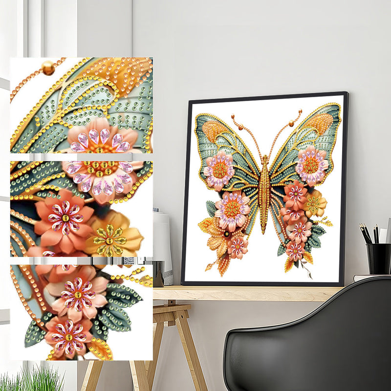 Grüner Goldener Schmetterling und Blumen Sonderform Diamond Painting