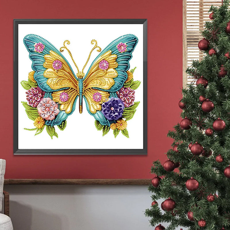 Goldgrüner Schmetterling und Blumen Sonderform Diamond Painting