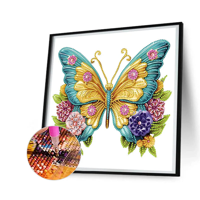 Goldgrüner Schmetterling und Blumen Sonderform Diamond Painting