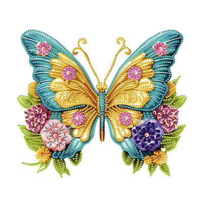 Goldgrüner Schmetterling und Blumen Sonderform Diamond Painting