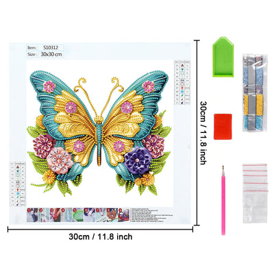 Goldgrüner Schmetterling und Blumen Sonderform Diamond Painting