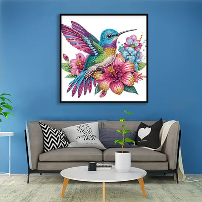 Blaulila Kolibri und Blumen Sonderform Diamond Painting