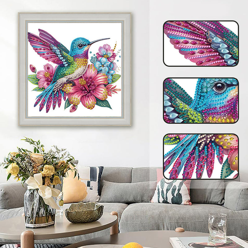 Blaulila Kolibri und Blumen Sonderform Diamond Painting