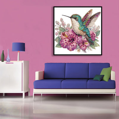 Grüner Kolibri und Lila Blumen Sonderform Diamond Painting