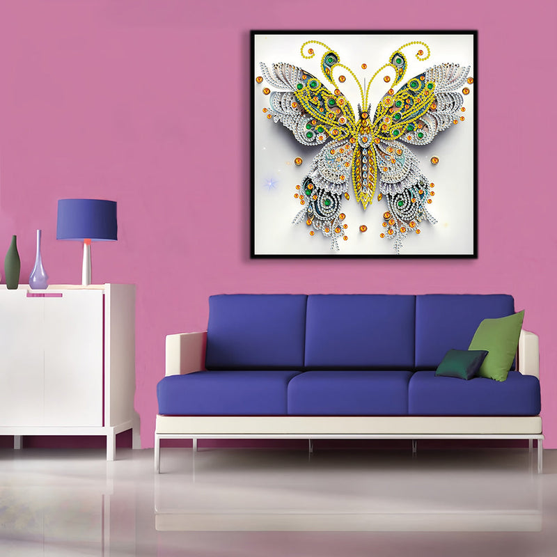 Weiß Grün und Gold Schmetterling Sonderform Diamond Painting