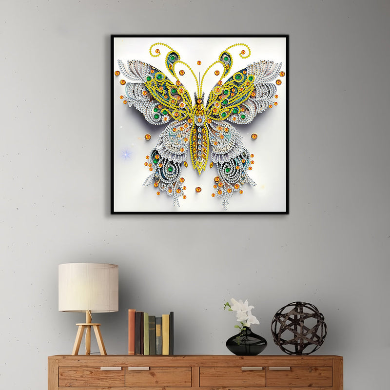 Weiß Grün und Gold Schmetterling Sonderform Diamond Painting