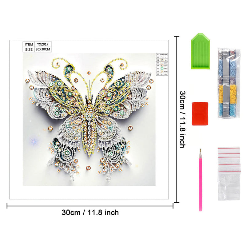 Weiß Grün und Gold Schmetterling Sonderform Diamond Painting