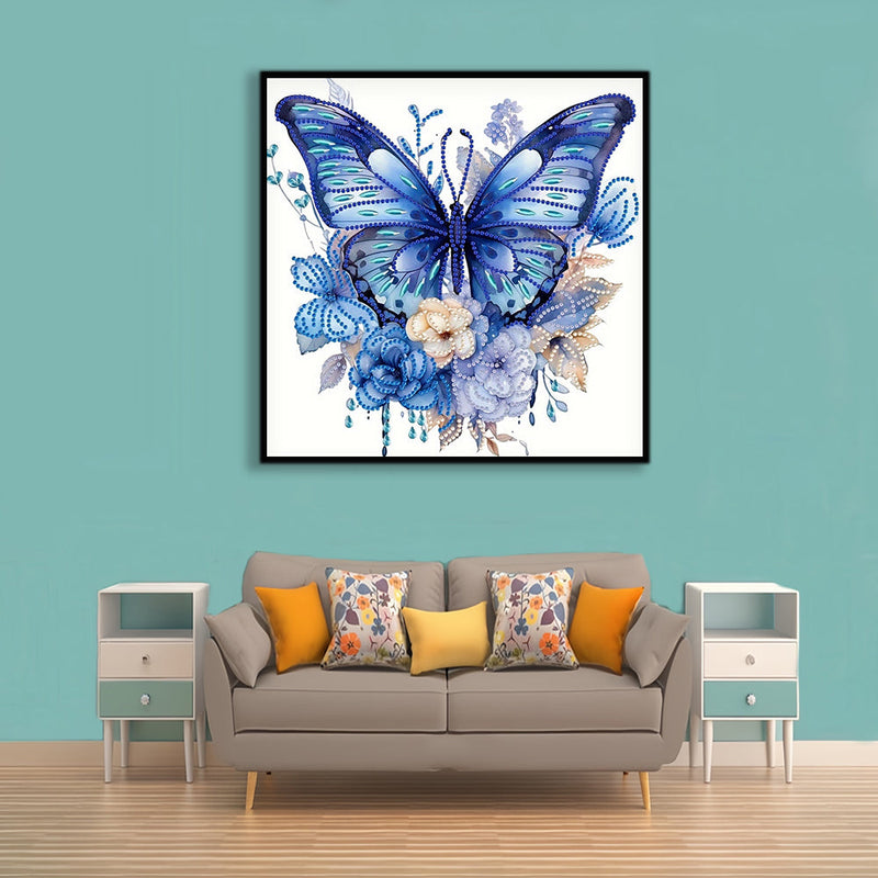 Blauer Schmetterling und Blumen Sonderform Diamond Painting