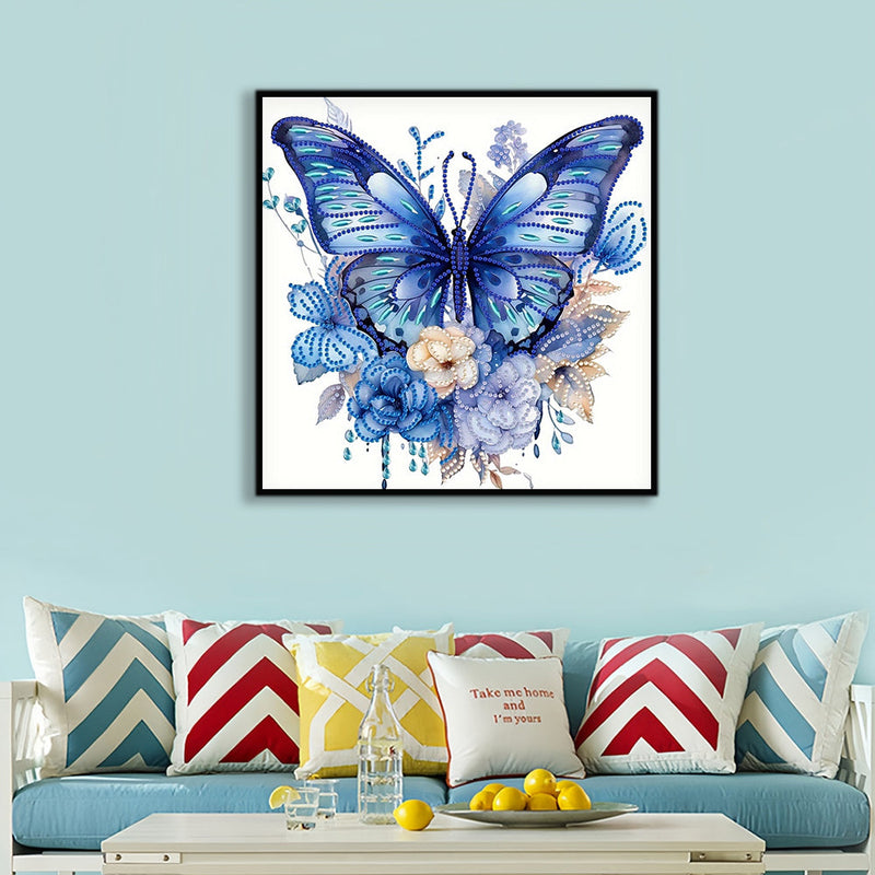 Blauer Schmetterling und Blumen Sonderform Diamond Painting