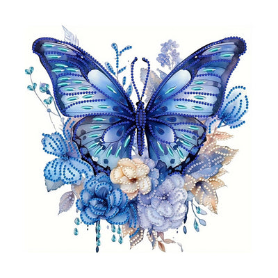 Blauer Schmetterling und Blumen Sonderform Diamond Painting