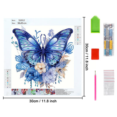 Blauer Schmetterling und Blumen Sonderform Diamond Painting