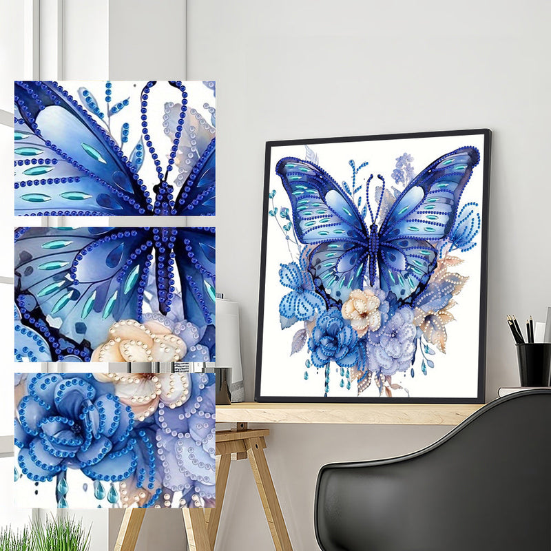 Blauer Schmetterling und Blumen Sonderform Diamond Painting