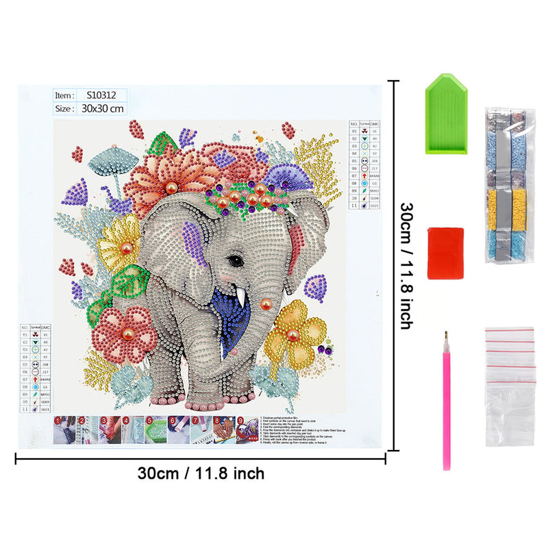 Elefant und Blumen Sonderform Diamond Painting