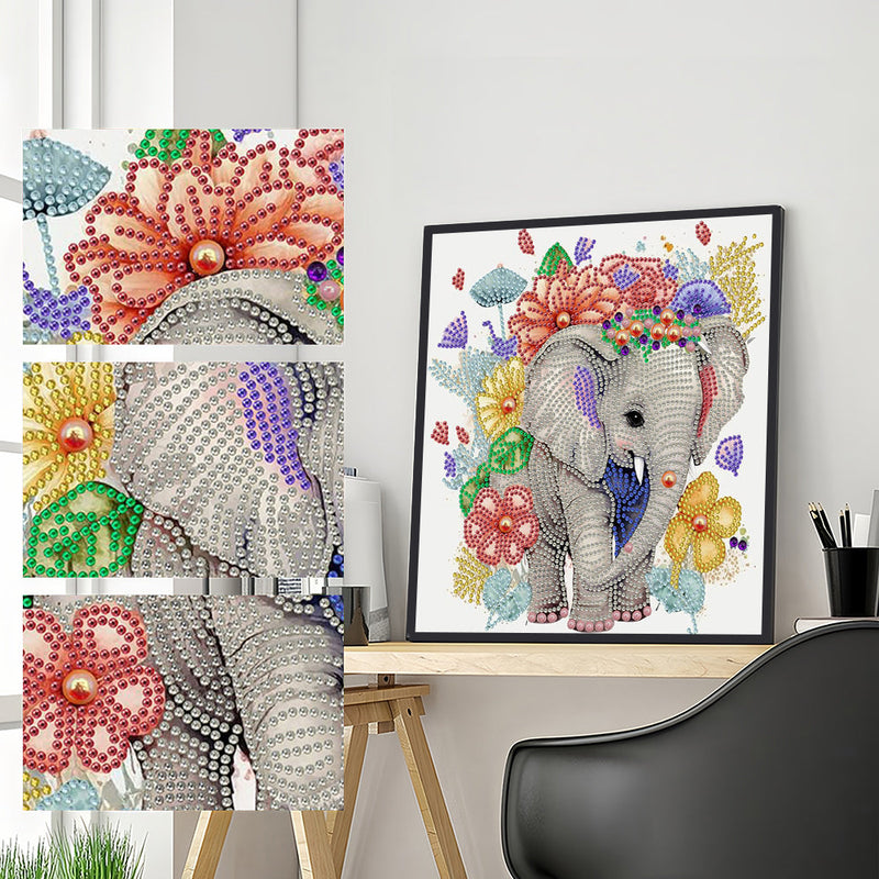 Elefant und Blumen Sonderform Diamond Painting